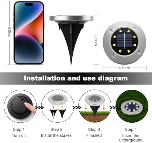 OULONGER 4.6inch Solar Ground Lights 12Packs, Garden Solar Outdoor Waterproof Pathway Bright In-Ground Landscape Lights for Patio, Lawn, Yard, Driveway, Step and Walkway(White Light) - 2