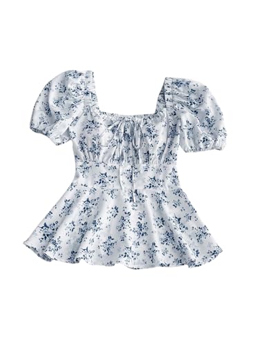 SweatyRocks Women's Floral Print Puff Short Sleeve Blouse Tie Front Ruffle Peplum Tops