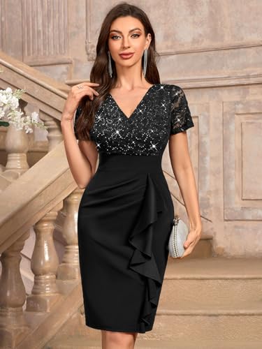 Image of Miusol Women's V Neck Sequin Lace Ruffle Cocktail Party Dress | Deep v-neck, glitter sequin Lace, ruffle design, bodycon dress for cocktail, wedding, evening and semi-formal event