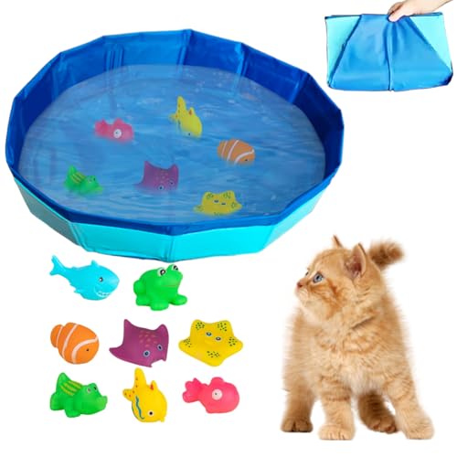 Piscina plegable para gatos con 8 juguetes de piscina, 50 x 10 cm, minipiscina para gatos, perros, juguete para gatos, piscina infantil para gatos, juguete acuático para verano (azul, altura 10 cm x