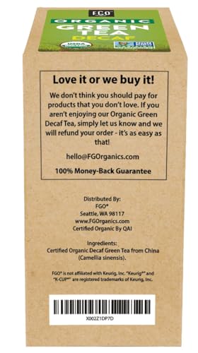 FGO Organic Decaf Green Tea K-Cup Pods for Keurig, 24 Count (Pack of 1), Premium Decaffeinated Green Tea is USDA Organic, Non-GMO, & Recyclable