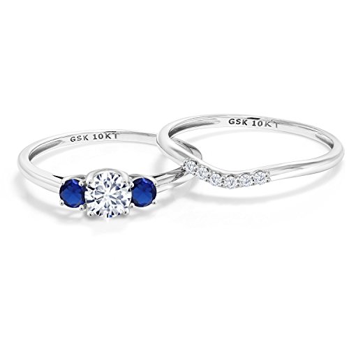 Gem Stone King 10K White Gold Moissanite and Blue Created Sapphire and Lab Grown Diamond 3-Stone Bridal Engagement Wedding Ring Set For Women (0.83 Cttw, 5MM, Available in Size 5,6,7,8,9)3