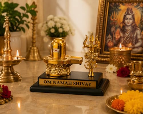 Image of Shivling with Trishul Gold Plated Idol for Car Dashboard, Home Decor & Office Desk | Om Namah Shivay Shiva Lingam Murti | Spiritual Gift Item for Pooja & Housewarming