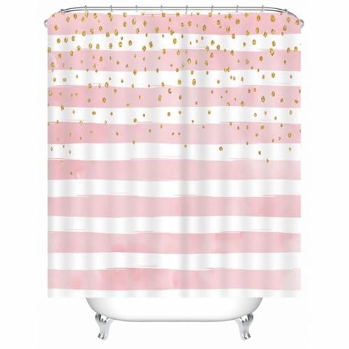 Rideau de douche blanc rose à rayures en polyester imperméable - 2