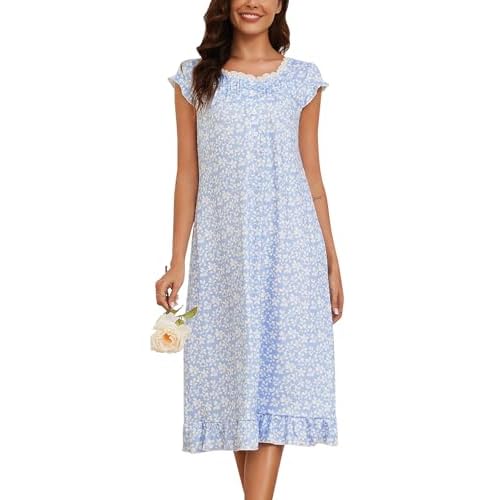 Marvmys Womens Long Nightgown Cap Short Sleeve House Dress Lace Trim Victorian Night Gown Sleepwear Blue Leaf XX-Large