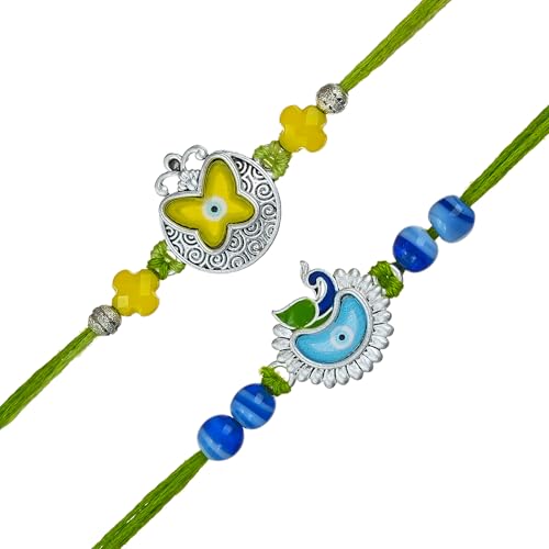 Image of eCraftIndia Beautiful Butterfly Peacock Designer Rakhi Set of 2 | Rakhi for Brother Bhaiya Bhai with Best Bro Ever Fridge Magnet | Roli Chawal Pack