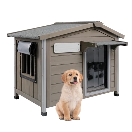 Outdoor Dog House Weatherproof Large Wooden Dog Kennel Indoor for Small Dogs with Chew-Proof Frame, Oxford Fabric Window, Removable Floor Pet Shelter