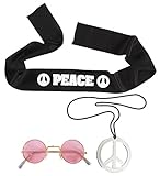  60er 70er Jahre Hippie Set Peace Kette Stirnband Brille Flower Power