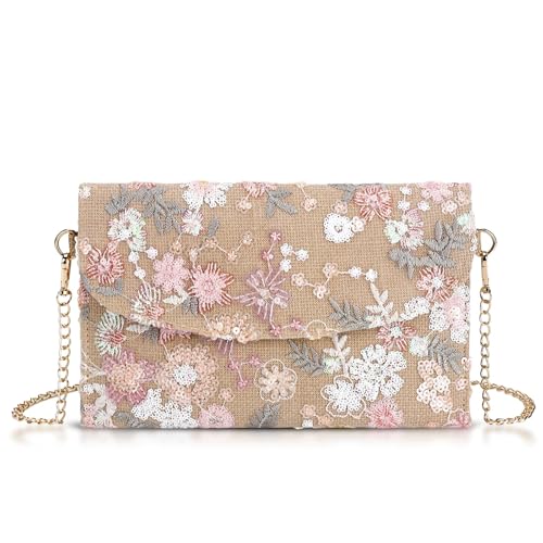 Image of Clutch Purses for Women, Envelope Package, Sequin Embroidered Flowers Straw Bag, Bohemian Handmade Handbags