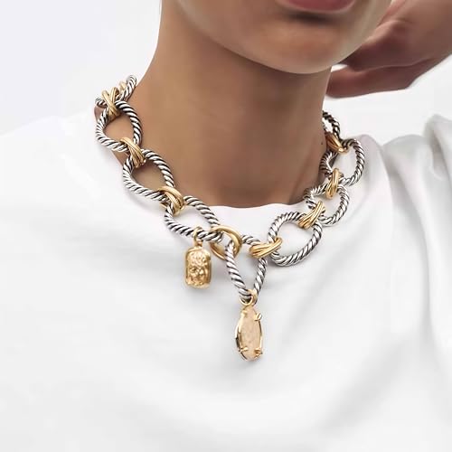 Doubnine Two-Tone Chain Link Necklace, Silver Rope and Gold Accents, Pendant Charm Choker2