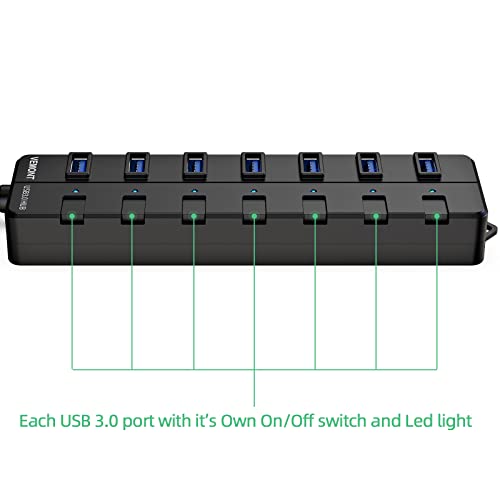 Usb Hub,7 Port Usb 3.0 Hub,Vemont 3.0 Usb Splitter With Individual On/Off Switches And Lights, 4Ft/1.2M Usb Hub Long Cable, Usb Extension For Laptop And Pc Computer #TOP4