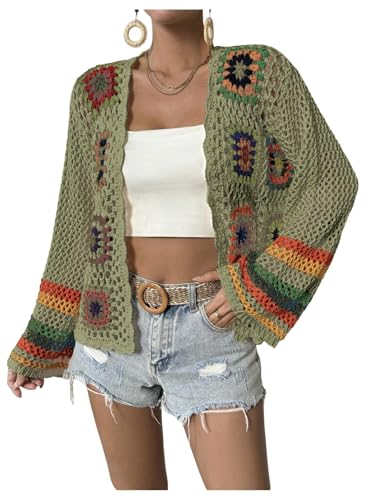 Image of SHENHE Women's Floral Crochet Cardigan Hollow Out Open Front Long Sleeve Cardigan Sweater