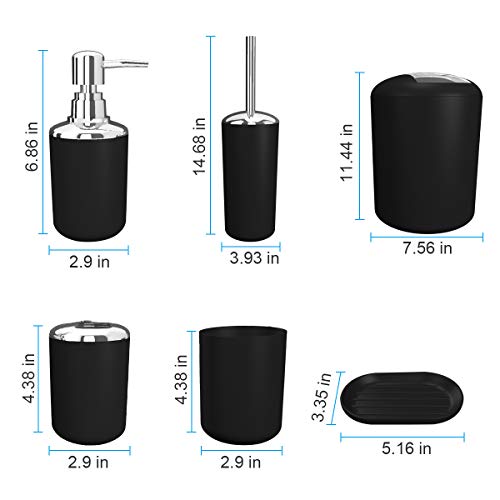 TEKITSFUN Bathroom Accessories Set 6 Pieces Plastic Bathroom Accessories Toothbrush Holder, Rinse Cup, Soap Dish, Hand Sanitizer Bottle, Waste Bin, Toilet Brush with Holder (Black)
