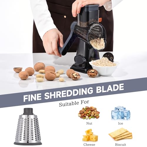 Rotary Cheese Grater with Handle Kitchen Shredder Slicer Grater Slicer Ice Shaver Cheese Vegetable Nuts Potato Zucchini Chocolate 3 Interchangeable Blades (Grey TSP) by Xilrvna - Image 5