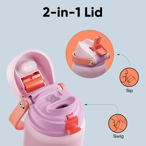 Image of Insulated Water Bottle with Straw - Encool Stainless Steel Water Bottle with Push Button Lid, Leak-Proof & BPA-Free, Keeps Cold for 24 Hours for Sports, Travel, Gym (32 oz, Lily-Red)