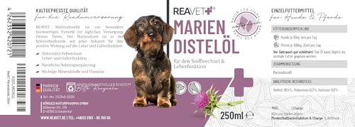 ReaVET Mariendistelöl für Hunde & Pferde 250ml – Naturrein in Lebensmittelqualität – Barf Zusatz, Distelöl Hund, Barf Öl Mariendistel-Öl Hund I Reich an Vitamin E, Omega-6, Omega-9
