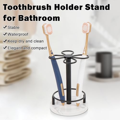 HarJue Toothbrush Holder Stand for Bathroom, Metal Toothbrush Organizer with Marble Base, Toothbrush Storage Collection for Family, Suitable for Home Hotel Countertop Vanity (Matte Black)