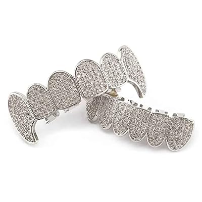 Psivika Diamond Grills Gold Plated Shiny Hip Hop Teeth Grillz Caps Iced Out CZ Top and Bottom Vampire Fangs Grillz for Men and Women