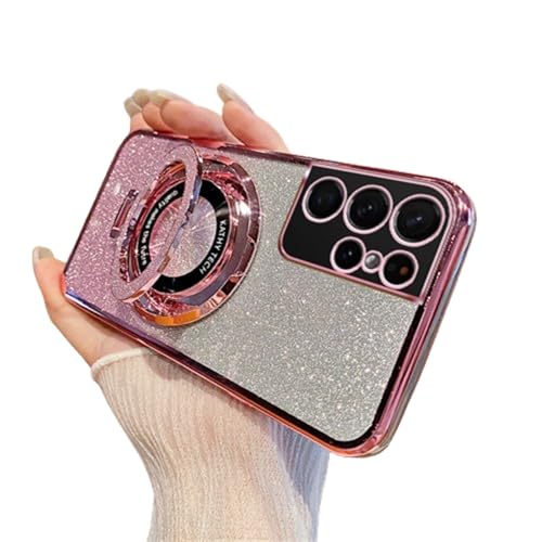 QIWEIQING Custodia Luxury Diamond Glitter per Samsung Galaxy S22 Ultra Compatibile con MagSafe, Staffa Supporto Magnetico Cover Morbida in Silicone Custodia Per Samsung Galaxy S22 Ultra. Pink DS