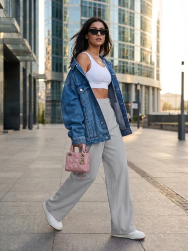 IWOLLENCE Women Wide Leg Pants Waffle Stretchy Work Dress Pants Business Casual Outfits Slacks Trousers Light Gray — view 2