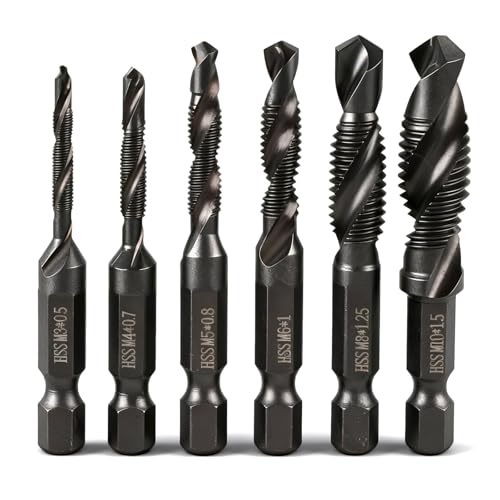 6 PCS Combination Drill & Taps Bit Set - M3, M4, M5, M6, M8, M10 Sizes for Efficient Threading, Tap Drill Bits Set - Anti-Rust Coated Tapping Tools with 6mm Hex Shank & Portable Storage Case (BLACK)