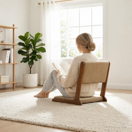 Image of HollyHOME Foldable Tatami Chair, Upholstered Japanese Style Floor Seat, Wood Legless Back Rest with Cushion, Accent Meditation for Bay Window, Living Room, Bedroom, Dark Brown