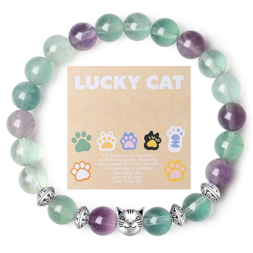 MAIBAOTA Cat Bracelets Lucky Cat Lover Gifts for Women Good Luck Money Attraction Bracelet Unique 8 mm Round Fluorite Crystal Gemstones Stretch Bracelet Jewelry