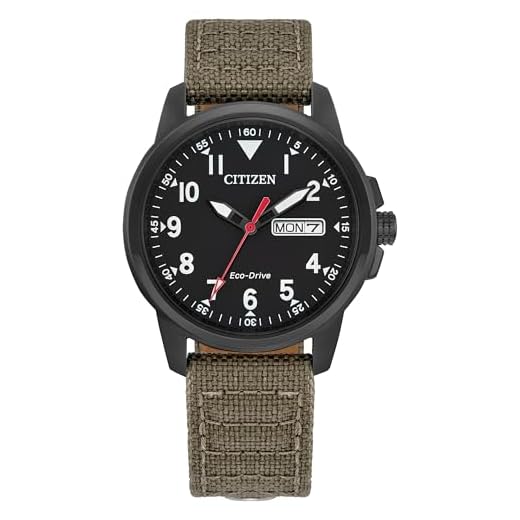 Citizen Men's Eco-Drive Weekender Garrison Field Watch, Black Stainless Steel Watch, Khaki Nylon Strap, 3 Hand, Day/Date (Model: BM8186-07E)