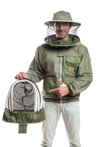 Massive Bee Store 3-Layer Beekeeping Fully Ventilated Jacket with Round & Fencing Veil, Olive Green Double Veil, Extra Large