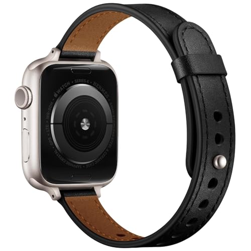 OUHENG Slim Bands Compatible with Apple Watch Band 42mm 41mm 40mm 38mm, Women Genuine Leather Replacement Thin Strap for iWatch SE 3/2/1 Series 11 10 9 8 7 6 5 4 3 2 1 (Black/Starlight) by OUHENG - Image 2