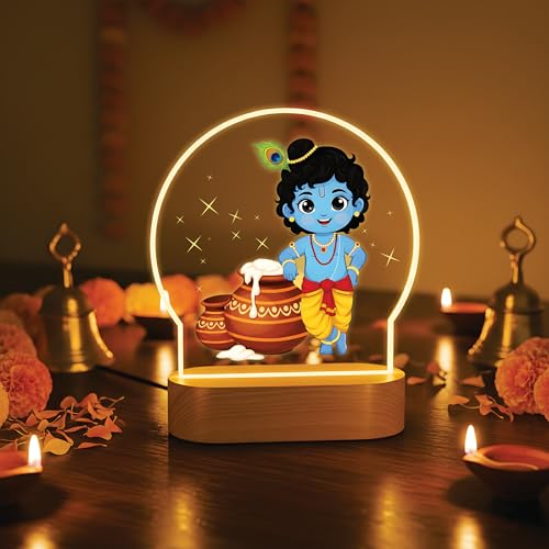 Image of Giftplease Divine Bal Krishna LED Lamp - Warm Glow Decorative Night Light for Home Mandir, Kids Room & Gifting - Vibrant Makhan Chor & Murali Manohar Printed Designs GL 09