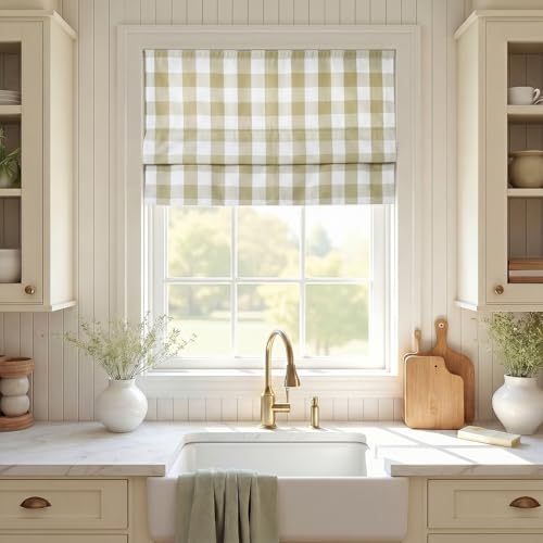 Image of TWOPAGES No Drill Cordless Buffalo Plaid Roman Shades Gingham Checkered Roman Blinds for Windows, Custom Made Room Darkening Blinds Farmhouse Shades, Khaki Grid, 1 Piece