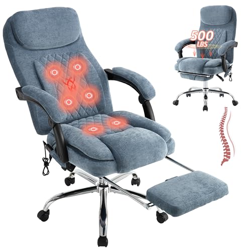 Image of 500LBS Massage Office Chair, Reclining 6 Points Vibration and Heat Desk Chair with Foot Rest, Ergonomic Executive Office Chairs, Comfy Wider & Thicker Seat, Big and Tall Gaming Chair, Fabric Blue