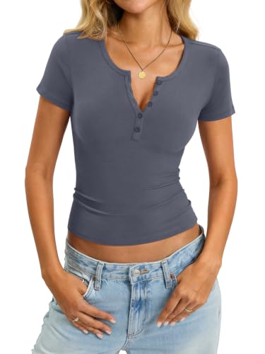 Image of EasyGala Womens Cotton Short Sleeve Shirts V Neck Henley Tops Basic Tees | 92% Soft Cotton, Slim Fitted, Henley Shirts, Short Sleeve, Trendy Going Out, Summer Fashion Outfits, Dressy Casual, Business