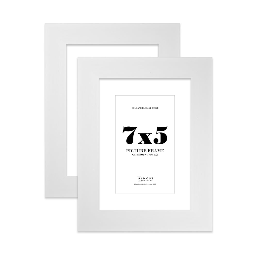 7x5" White Frame With Mount for 5x3" Pictures 28mm Edge Portrait and Landscape Display with Wall Hooks and Kickstand, 2 Pack