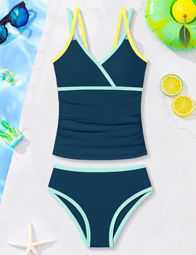 Image of Girls Swimsuit 2 Piece Bathing Suit Criss Cross Ruched Girl Tankini Sets Printed Girls' Swimwear for 9-18 Years