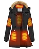 joohoo Heated Jacket Parka for Women, Warming Coat with Rechargeable Battery Pack Included, Electric Graphene Heating, Waterproof Winter, Black, M