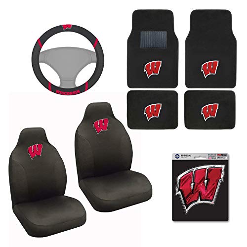 AAC FANMATS NCAA Carpet Floor Mats Bundle with Seat Covers, 3D Decal Sticker and Steering Wheel Cover for Wisconsin Badgers Fans Officially Licensed(8 Items)