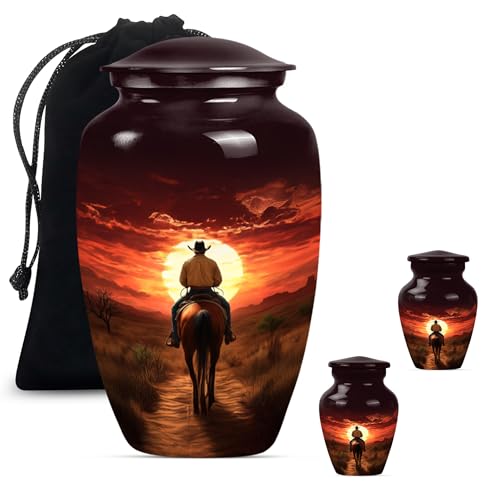 Image of Cowboy Urn - Urn for Ashes Adult Male - Large Unique Cremation Urns for Human Ashes - Companion Urns for 2 Adults - Memorial Ash Containers for Men and Women - 10 inch & 3 inch Pack of 3