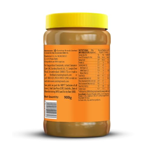 Image of Sundrop Peanut Butter with Jaggery | Creamy | 900 grams | With 25% Protein | 7.5% Dietary Fibre | Premium Roasted Peanuts | Great Value Per Gram of Protein I No refined sugar