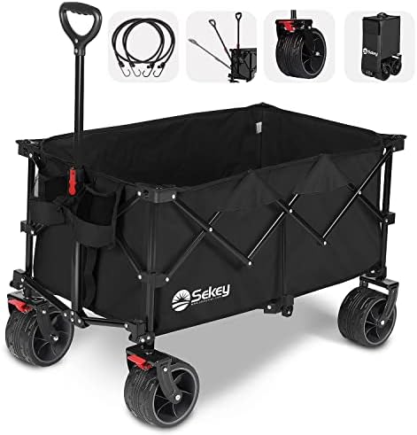 Sekey Collapsible Foldable Wagon with 220lbs Weight Capacity, Heavy Duty Folding Utility Garden Cart with Big All-Terrain Beach Wheels & Drink Holders. Black