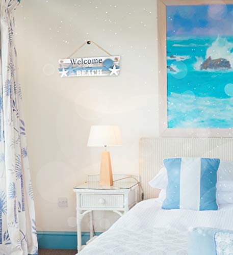 Cota Global Aqua Sky Welcome To The Beach Nautical Decor Sign - Nautical Themed Wood Sign For Wall, Novelty White And Blue Starfish And Seashell Wooden Figure #TOP4