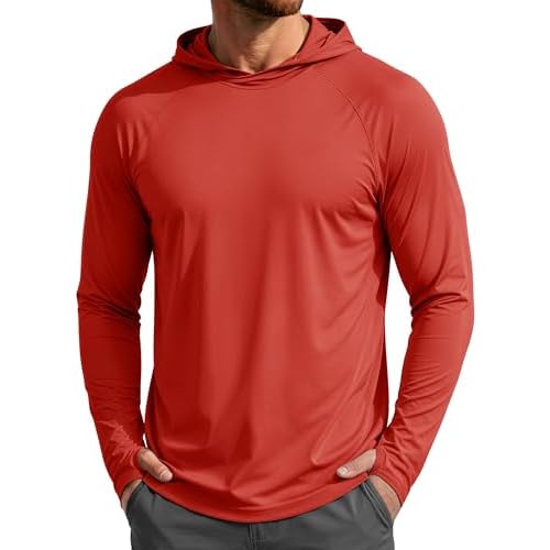 MAGCOMSEN Men's UPF 50+ Sun Protection Hoodies Quick Dry Long Sleeve Rash Guard Lightweight Hoodie Shirt Fishing Running Medium Truered