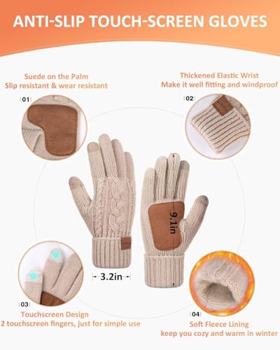 FISFET Mütze, Schal & Handschuh-Sets für Damen, Beanie Mütze Damen Winter mit Bommel Fleece Gefütterte, Touchscreen Handschuhe Schal Wärmer Cap 3 in 1 Set(Haferflocken)