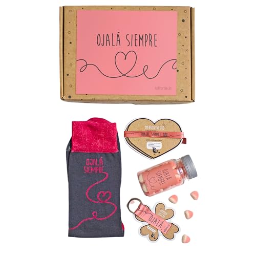 MARRON Y NEGRO - Pack Regalo Calcetines Ojalá Siempre - Incluye pulsera, llavero y chuches - Regalo para San Valentín (FR/ES, Números, 41, 45, Regular, Regular, Estándar, Variado)