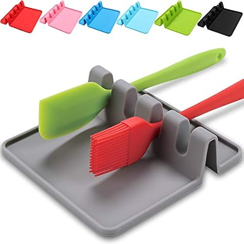 Spoon Holder,Silicone Spoon Rest Kitchen,Tea Teabag Dish,Teaspoon Rest,Silicone Cooking Utensil Rest with Drip Pad,Heat-Resistant Kitchen Holder for Spoons, Ladles, Tongs,Spatula(Gray) Cover