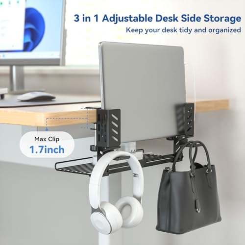 KDD 3-in-1 Laptop Stand Holder Storage, Adjustable Under Desk Cable Management Tray with Headphone Hanger and Cable Ties, No Drill Clamp on Desk Side Organizers Suitable for Laptop/Tablet/Headphone