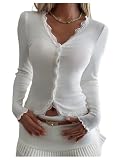 GORGLITTER Women's Long Sleeve Lace Tops Button Down Fitted Sexy Ribbed Knit Y2k Cropped Shirts Lace White Small