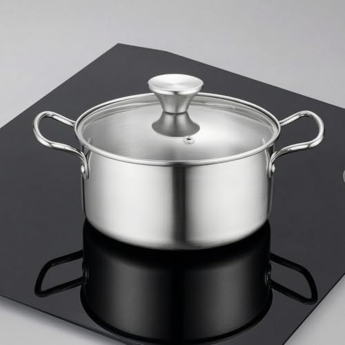 rockible Kitchen Cooking Utensils Stainless Steel Cookware Set Pots Pans Soup Pot With Glass Lids Even Heating Flat Base Two Side Handles suitable for home, Silver Handle, 16-18-20CM - Image 6