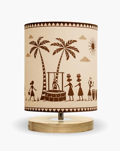 Image of Homesake Pine Table Lamp Wooden Bedside Lamp Simple Bedroom Light Linen Shade Mini Desk Lamp Nightstand Lamp for Bedroom, Living Room, Gift, (Warli Art of India Shade Cylinder)